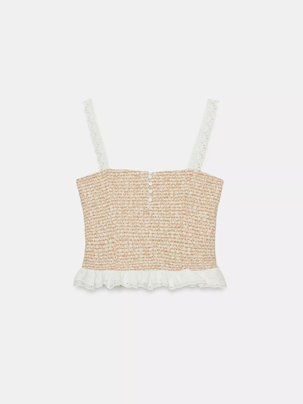 Zara Cream Smocked Crop Top with White Lace Straps